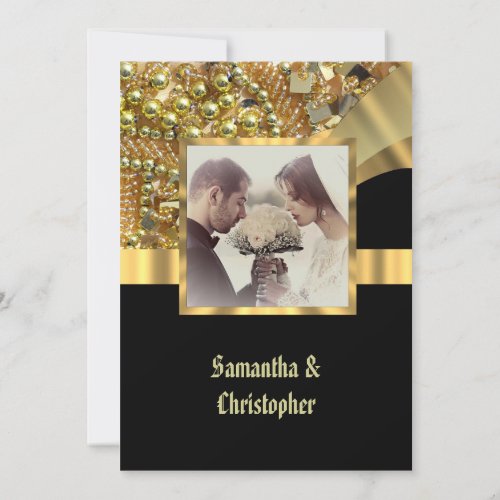 Black and gold bling wedding photo invitation