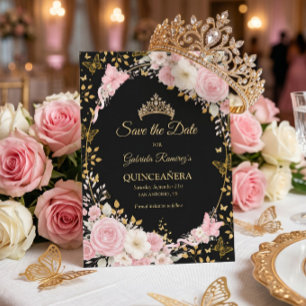 Black and Gold Blush Pink Quinceañera Butterfly Save The Date