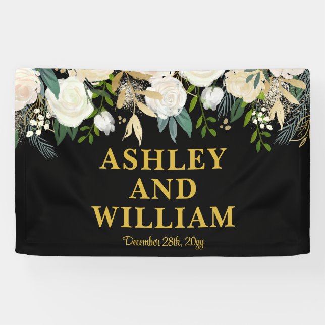 Black and Gold Boho Bohemian Chic Greenery Wedding Banner (Horizontal)