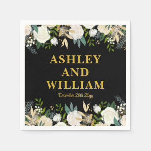 Black and Gold Boho Bohemian Chic Greenery Wedding Napkins