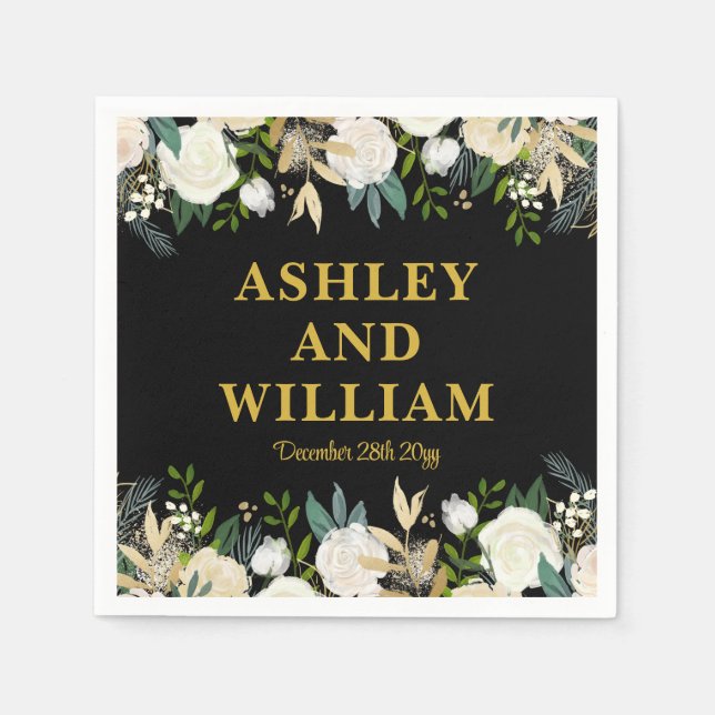 Black and Gold Boho Bohemian Chic Greenery Wedding Napkins (Front)