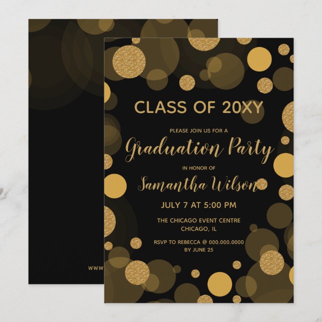 Black and Gold Bokeh Lights Graduation Party Invitation (Front/Back)