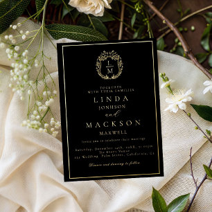 Black and gold botanical crest monogram wedding foil invitation