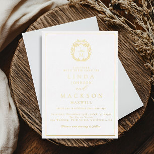 Black and gold botanical crest monogram wedding foil invitation