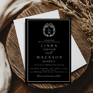 Black and gold botanical crest monogram wedding foil invitation