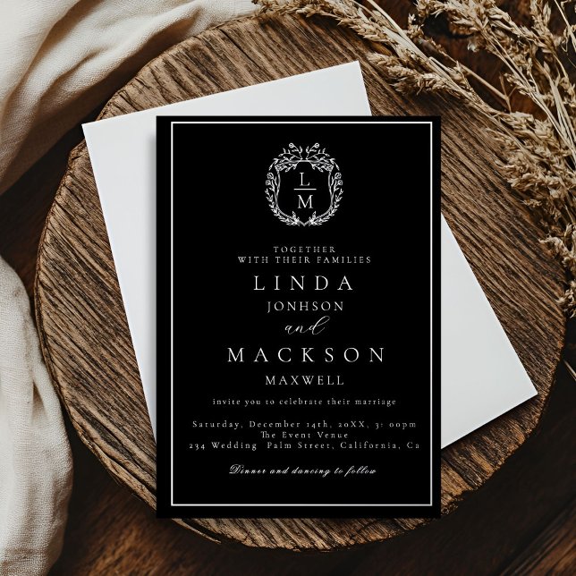Black and gold botanical crest monogram wedding foil invitation (Creator Uploaded)