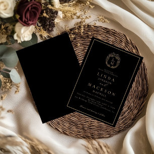 Black and gold botanical crest monogram wedding invitation