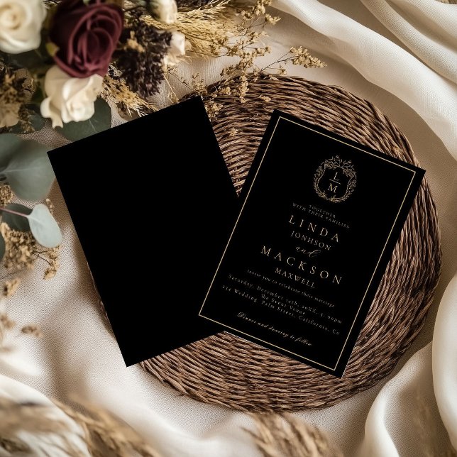 Black and gold botanical crest monogram wedding invitation (Creator Uploaded)