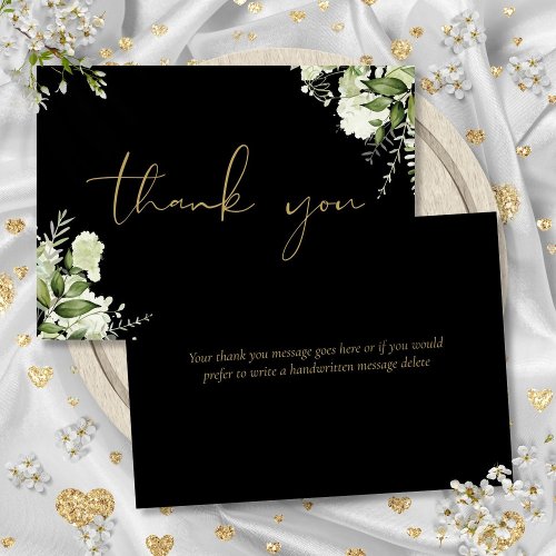 Black And Gold Botanical Greenery Elegant Script Thank You Card
