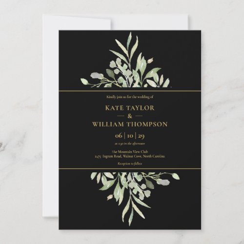 Black And Gold Botanical Greenery Photo Wedding Invitation
