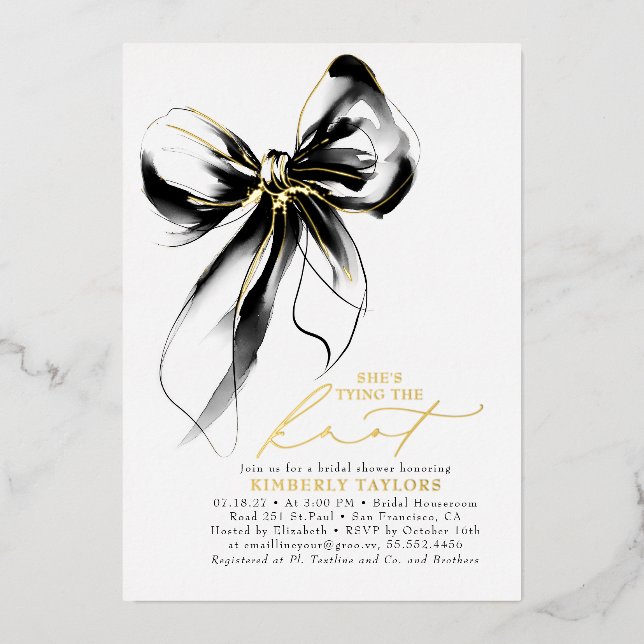 Black and Gold Bow Elegant Whimsical Bridal Shower Foil Invitation (Front)