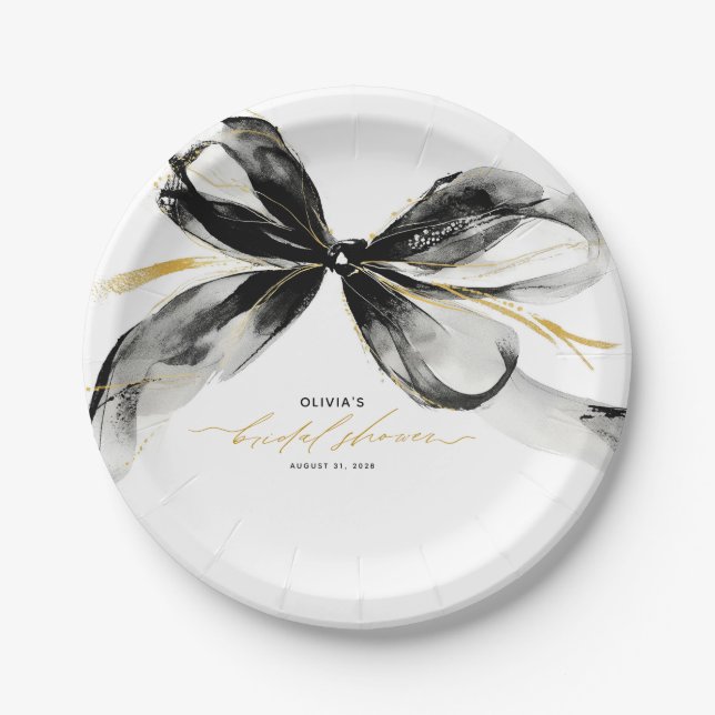 Black and Gold Bow Sophisticated Bridal Shower Paper Plates (Front)