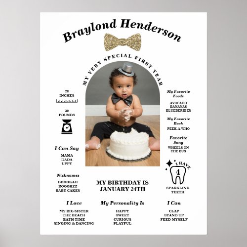 Black and Gold Bow Tie First Birthday Milestone Poster