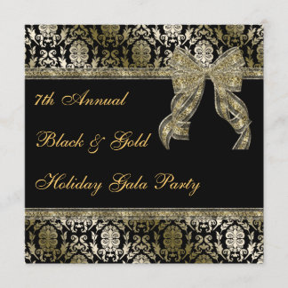 Black and Gold Bowed Damask Holiday Party Invite