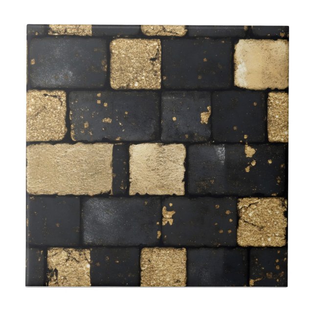 Black and Gold Brick Pattern Ceramic Tile (Front)