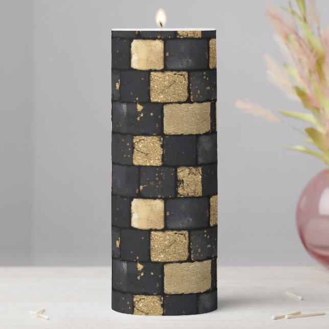 Black and Gold Brick Pattern Pillar Candle (In Situ)