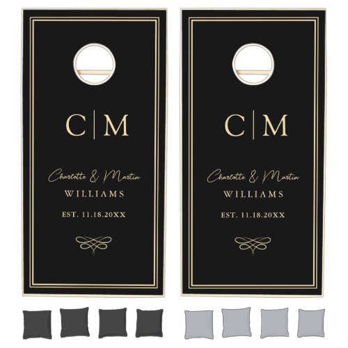 Black and Gold Bride Groom Monogram Wedding Cornhole Set