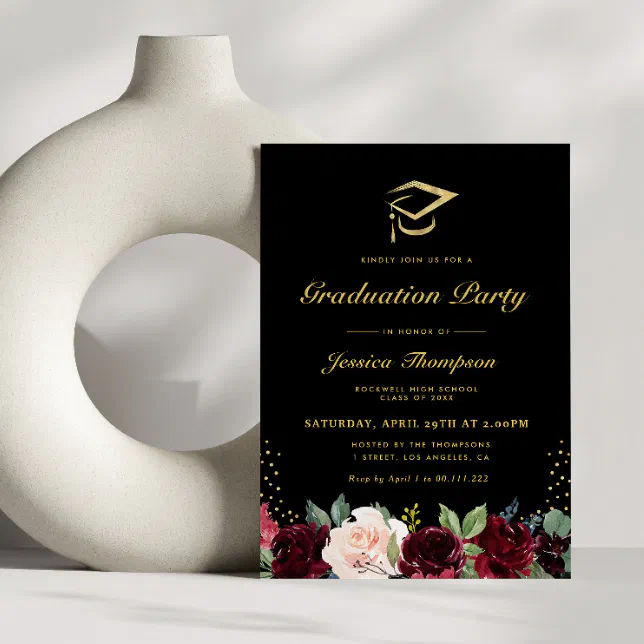 Black and gold burgundy floral graduation party invitation | Zazzle