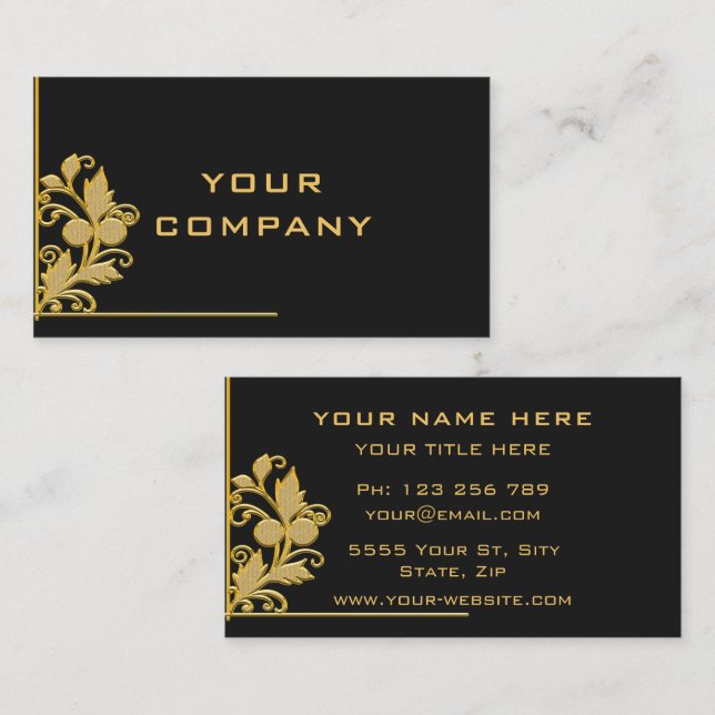 Black and Gold Business Card Golden Flowers Frame (Front/Back)