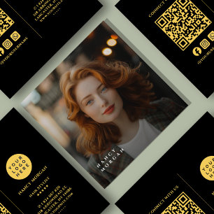 Black And Gold Business Logo Photo QR Code Square Business Card
