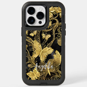 Black and Gold Butterflies Personalized Name OtterBox iPhone 14 Pro Max Case