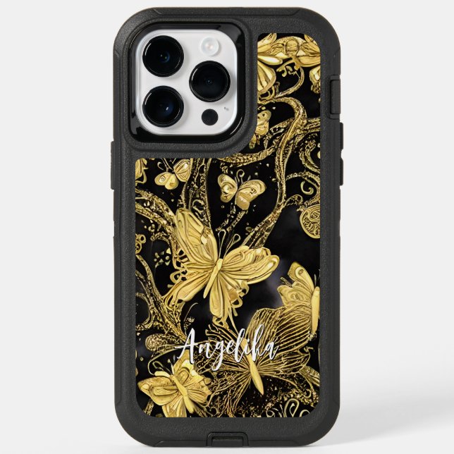 Black and Gold Butterflies Personalized Name Otterbox iPhone Case (Back)
