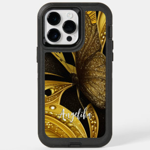 Black and Gold Butterfly Personalized Name OtterBox iPhone 14 Pro Max Case