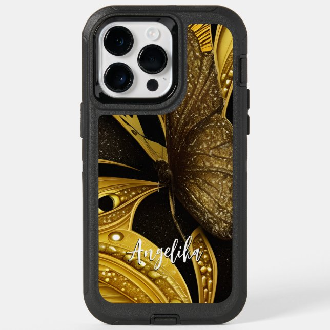 Black and Gold Butterfly Personalized Name Otterbox iPhone Case (Back)