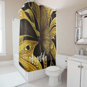Black and Gold Butterfly Personalized Name Shower Curtain
