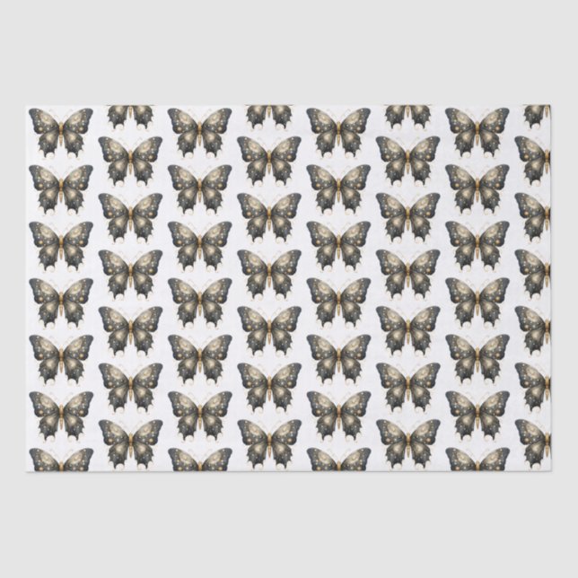 Black and Gold Butterfly White Pattern Halloween Tissue Paper (Front)