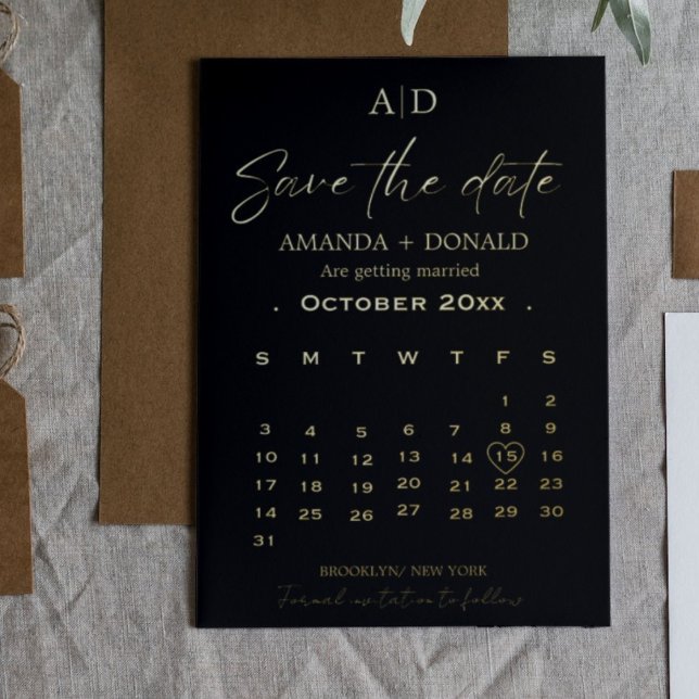 Black and Gold Calendar Wedding Save the date Foil Invitation (Creator Uploaded)