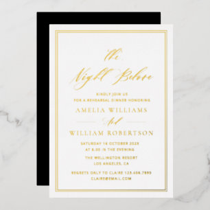 black and gold calligraphy rehearsal dinner foil invitation