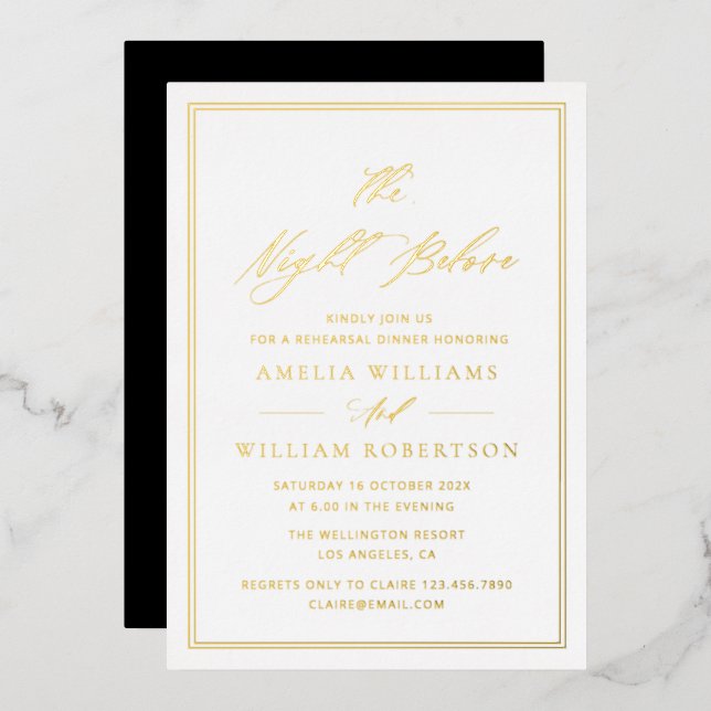 black and gold calligraphy rehearsal dinner foil invitation (Front/Back)
