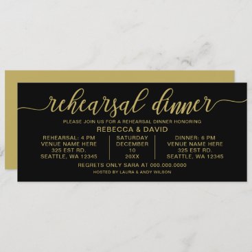 black and gold Calligraphy Rehearsal Dinner Invitation