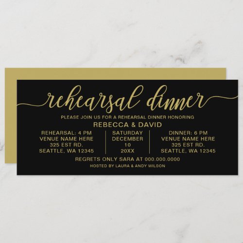 black and gold Calligraphy Rehearsal Dinner Invitation