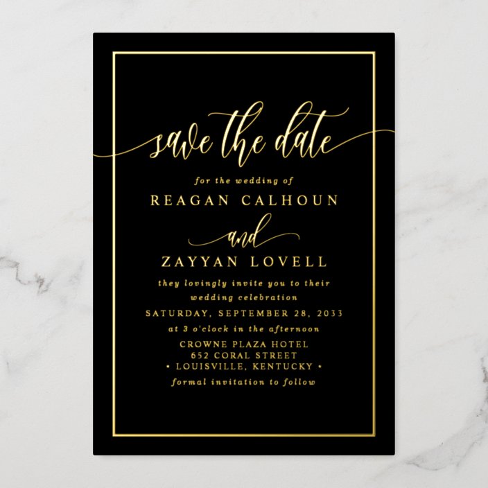 Black And Gold Calligraphy Save The Date Foil Card 