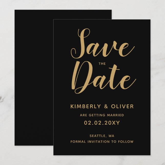 Black and Gold Calligraphy Wedding Save the Date Invitation (Front/Back)