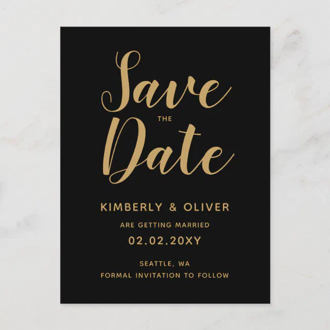 Black and Gold Calligraphy Wedding Save the Date Invitation Postcard ...