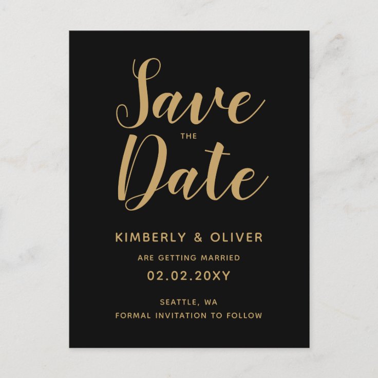 Black and Gold Calligraphy Wedding Save the Date Invitation Postcard ...