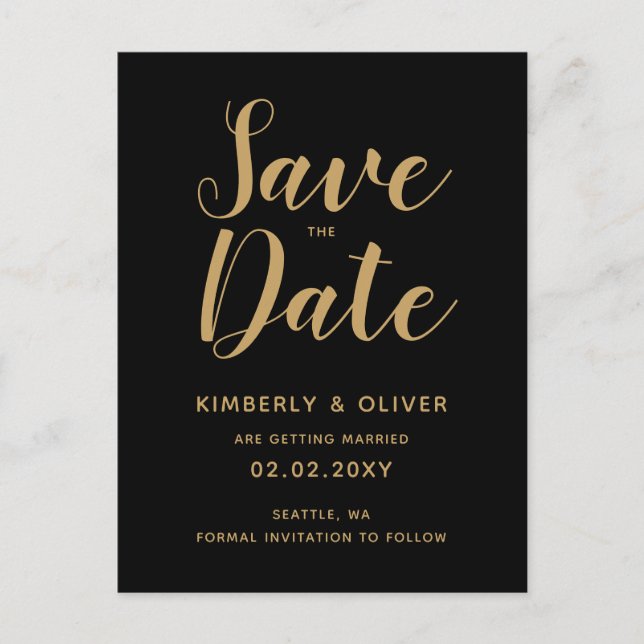 Black and Gold Calligraphy Wedding Save the Date Invitation Postcard (Front)