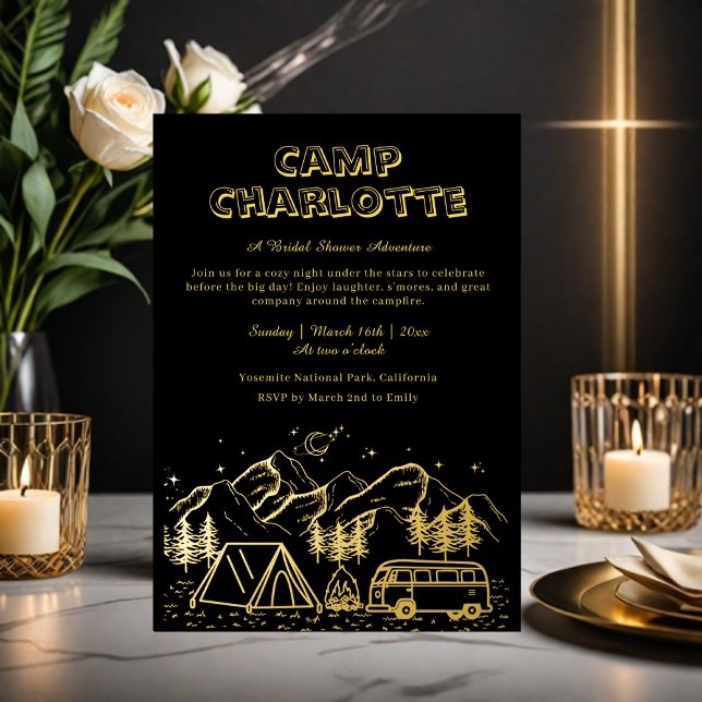 Black and Gold Camping Bridal Shower Foil Invitation (Creator Uploaded)