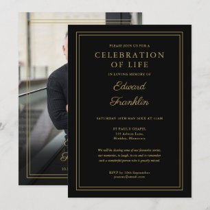 Black And Gold Celebration Of Life Funeral Photo Invitation