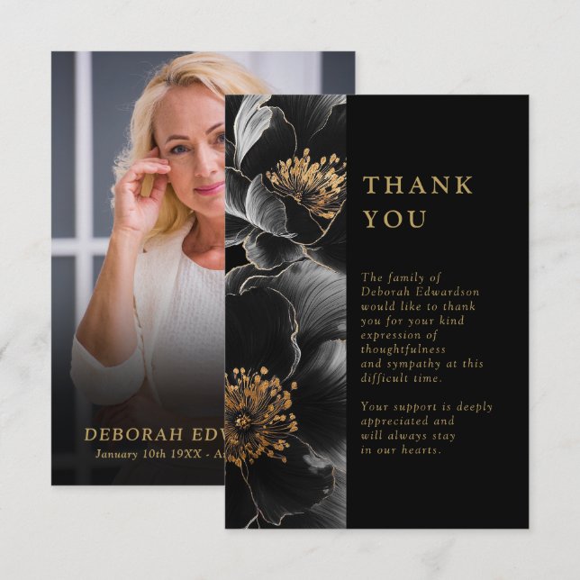 Black And Gold Celebration Of Life Funeral Photo Thank You Card (Front/Back)