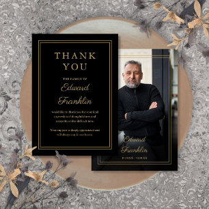 Black And Gold Celebration Of Life Funeral Photo Thank You Card