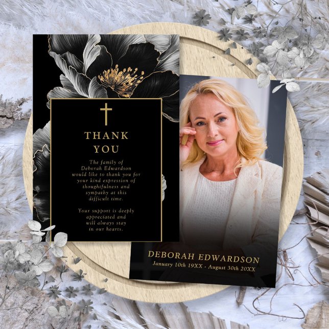 Black And Gold Celebration Of Life Funeral Photo Thank You Card (Black And Gold Celebration Of Life Funeral Photo Thank You Card)