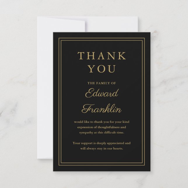 Black And Gold Celebration Of Life Funeral Thank You Card (Front)
