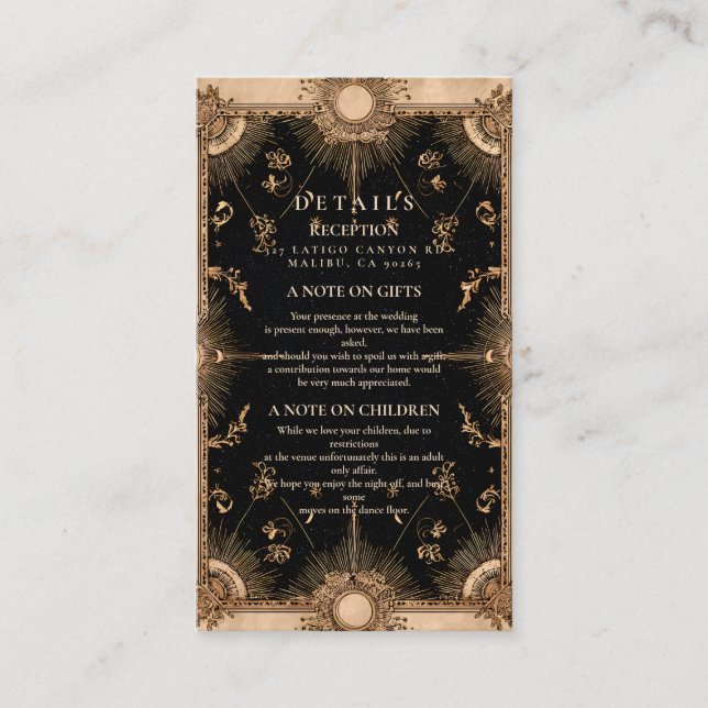 Black and Gold Celestial Baroque Wedding Enclosure Card (Front)