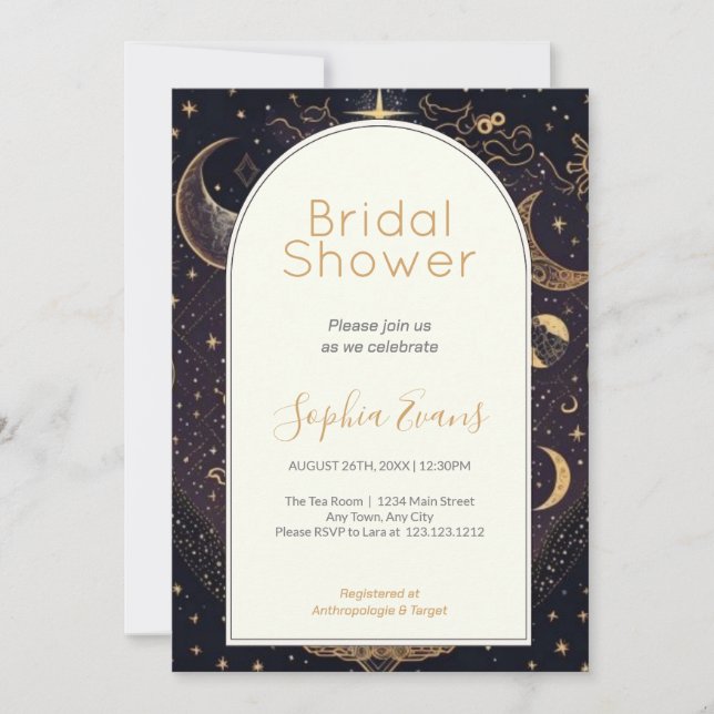 Black and Gold Celestial Moon Stars Bridal Shower Invitation (Front)