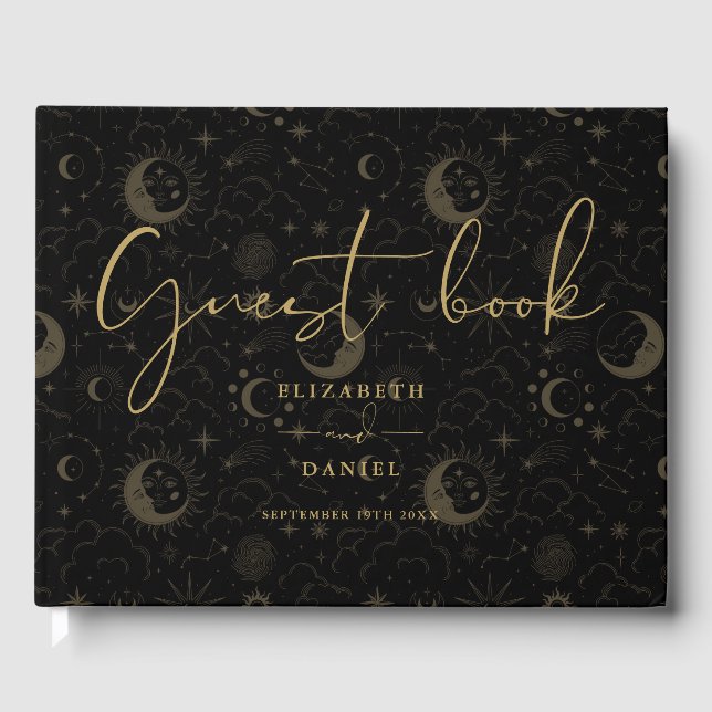Black And Gold Celestial Mystical Wedding Guest Book (Front)