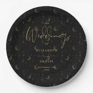 Black And Gold Celestial Stars And Moons Wedding Paper Plates